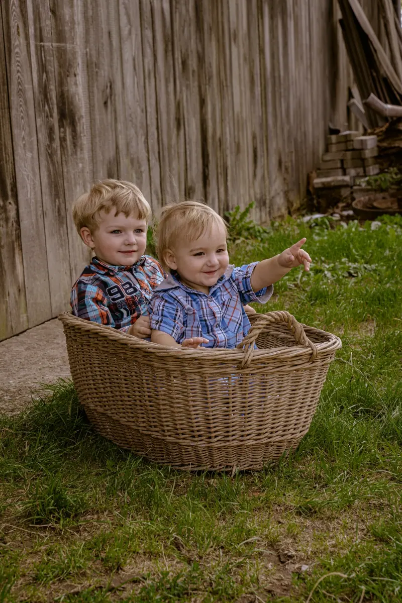 Zwei kleine Jungen in einem Weidenkorb