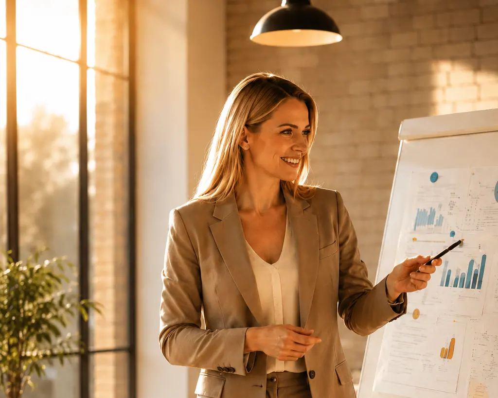 Beraterin erläutert Auswertungen am Flipchart